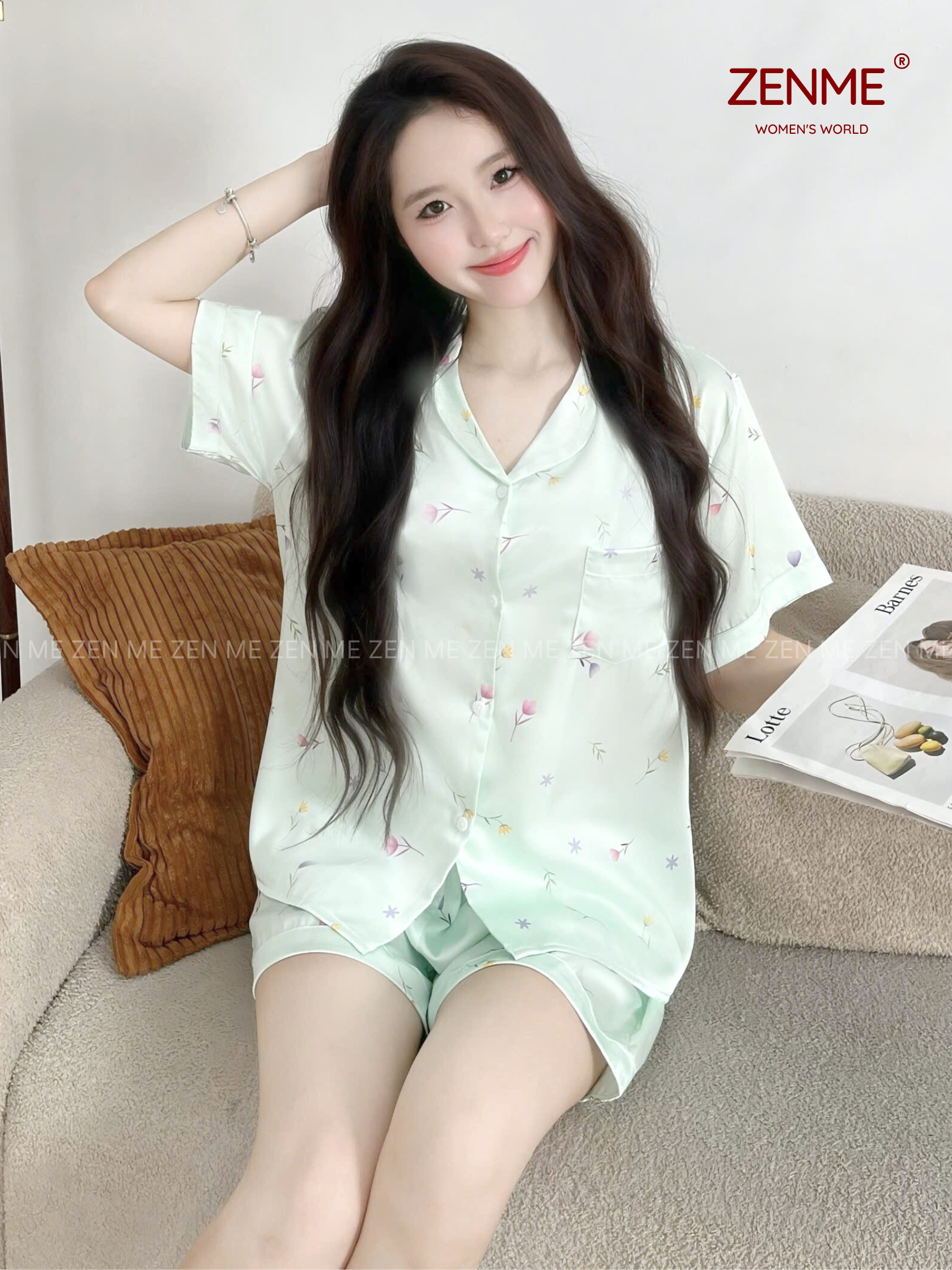 Bộ Đồ Ngủ Pijama Lụa Nữ Zen Me Chất Latin Cộc Đùi Mềm Mát Họa Tiết Pastel PJC0825