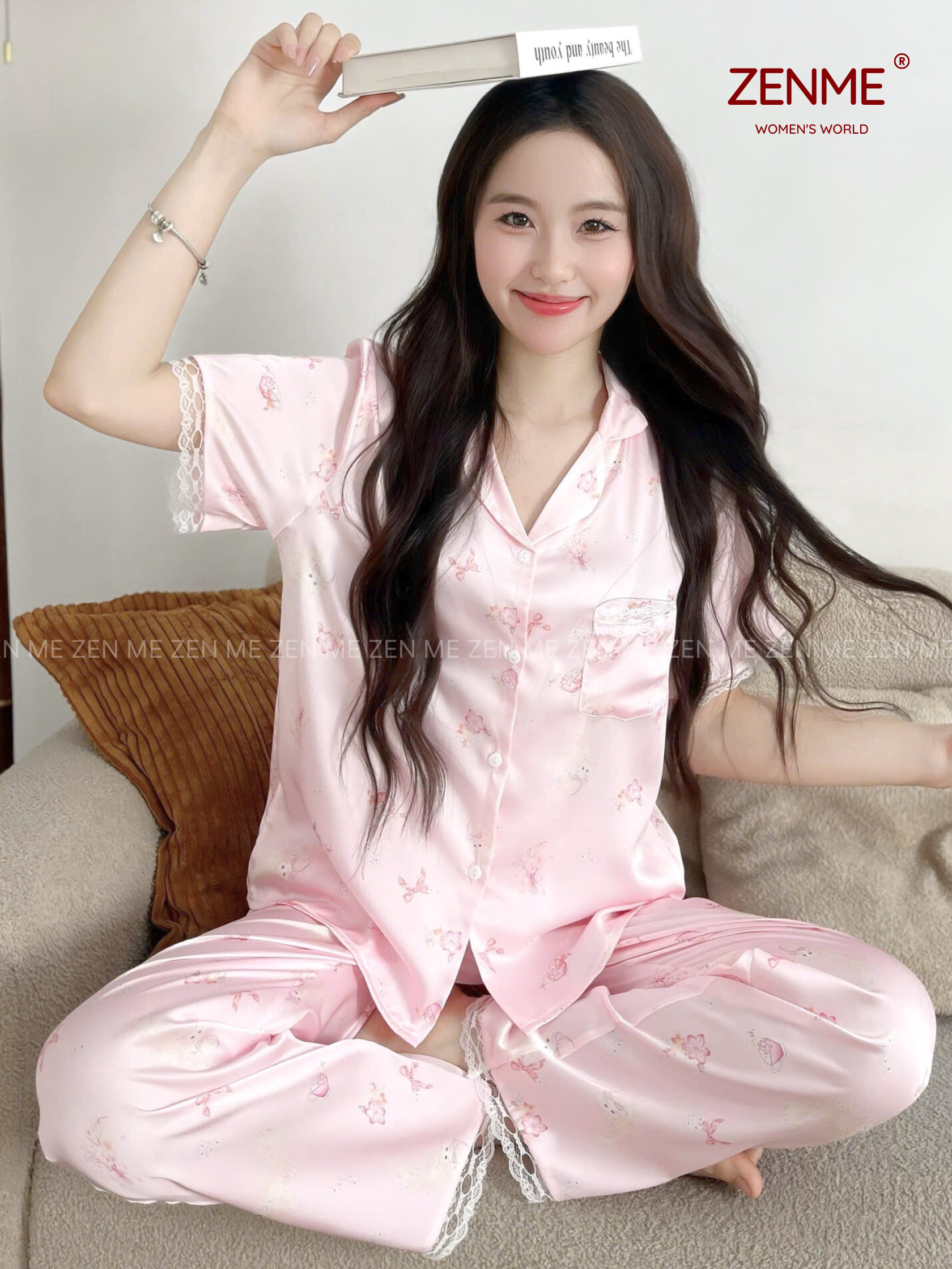 Bộ ngủ lụa latin nữ pijama form rộng Zenme tay ngắn quần phối viền ren xinh xắn PJDR0825