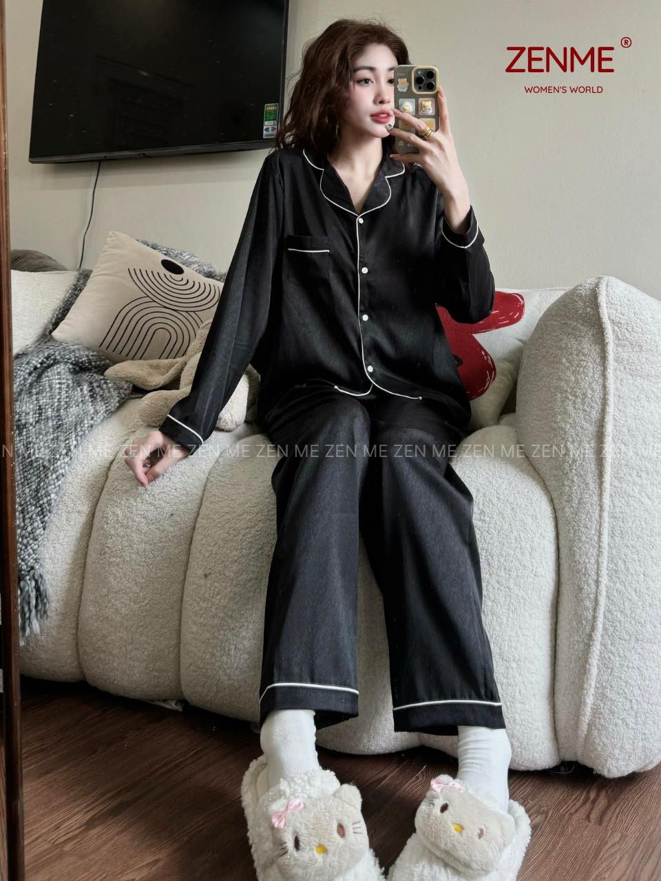 Bộ Ngủ Pijama ZENME Thu Đông Dài Tay Lụa Vân gỗ cao cấp PJDD0824