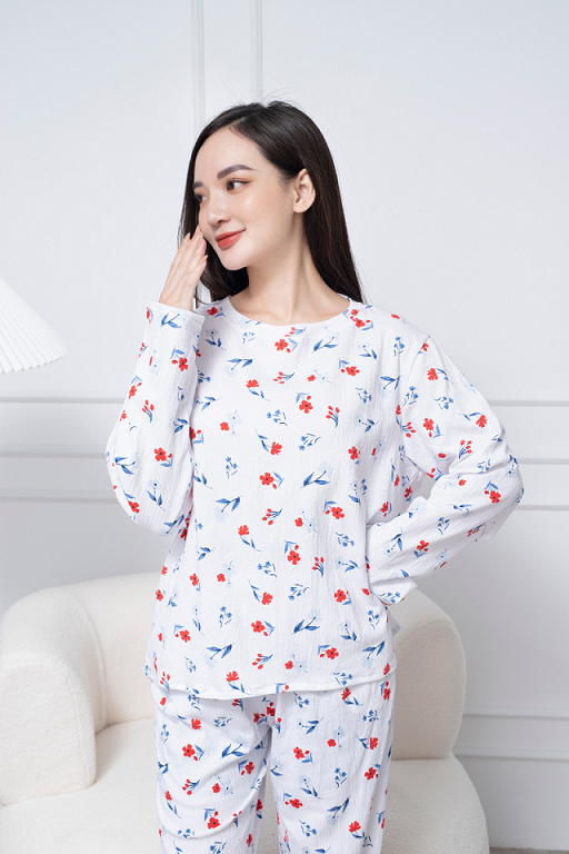 Bộ Mặc Nhà Nữ Chất Xốp Nhăn Dài Tay Quần Dài Btd1122