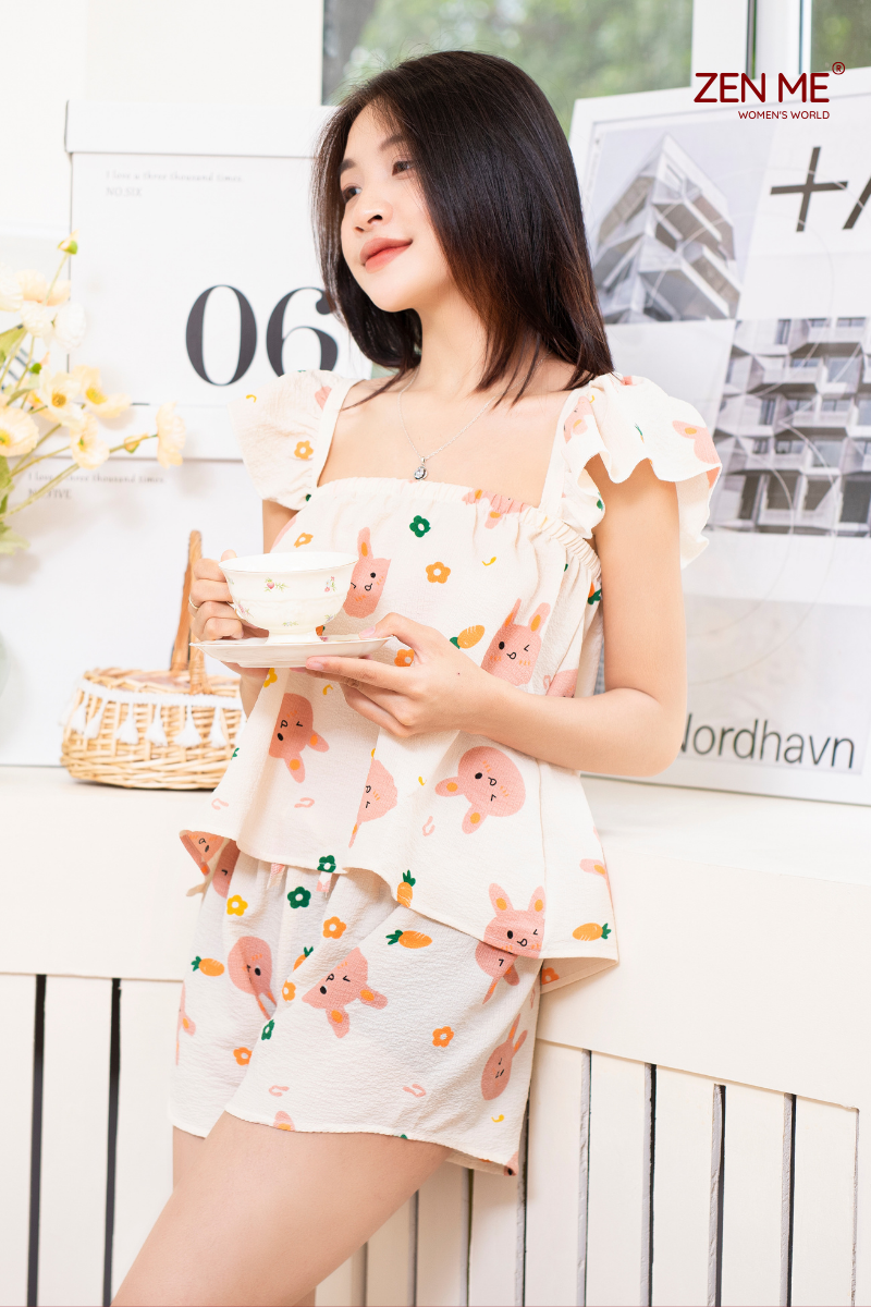 Đồ bộ mặc nhà Zen Me chất liệu đũi xốp dáng cánh tiên họa tiết dễ thương BCT0323