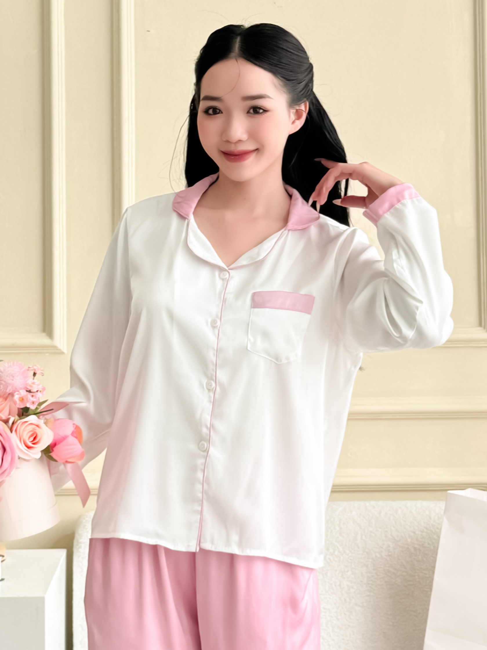 Bộ mặc nhà Zenme chất lụa latin Việt nam tay dài quần dài phối màu xinh xắn PJDP1123