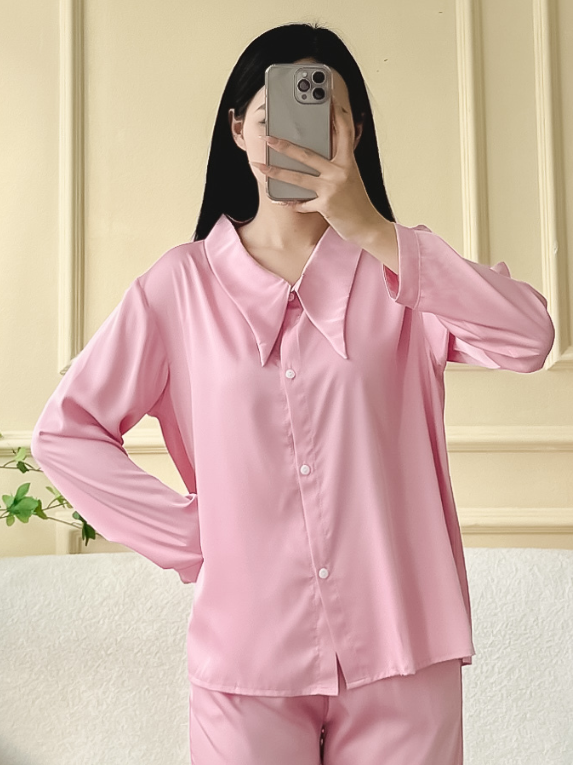 Bộ mặc nhà, đồ ngủ Pijama nữ thiết kế cổ nhọn Lụa Latin tay dài quần dài thu đông, ZENME PJDN1123