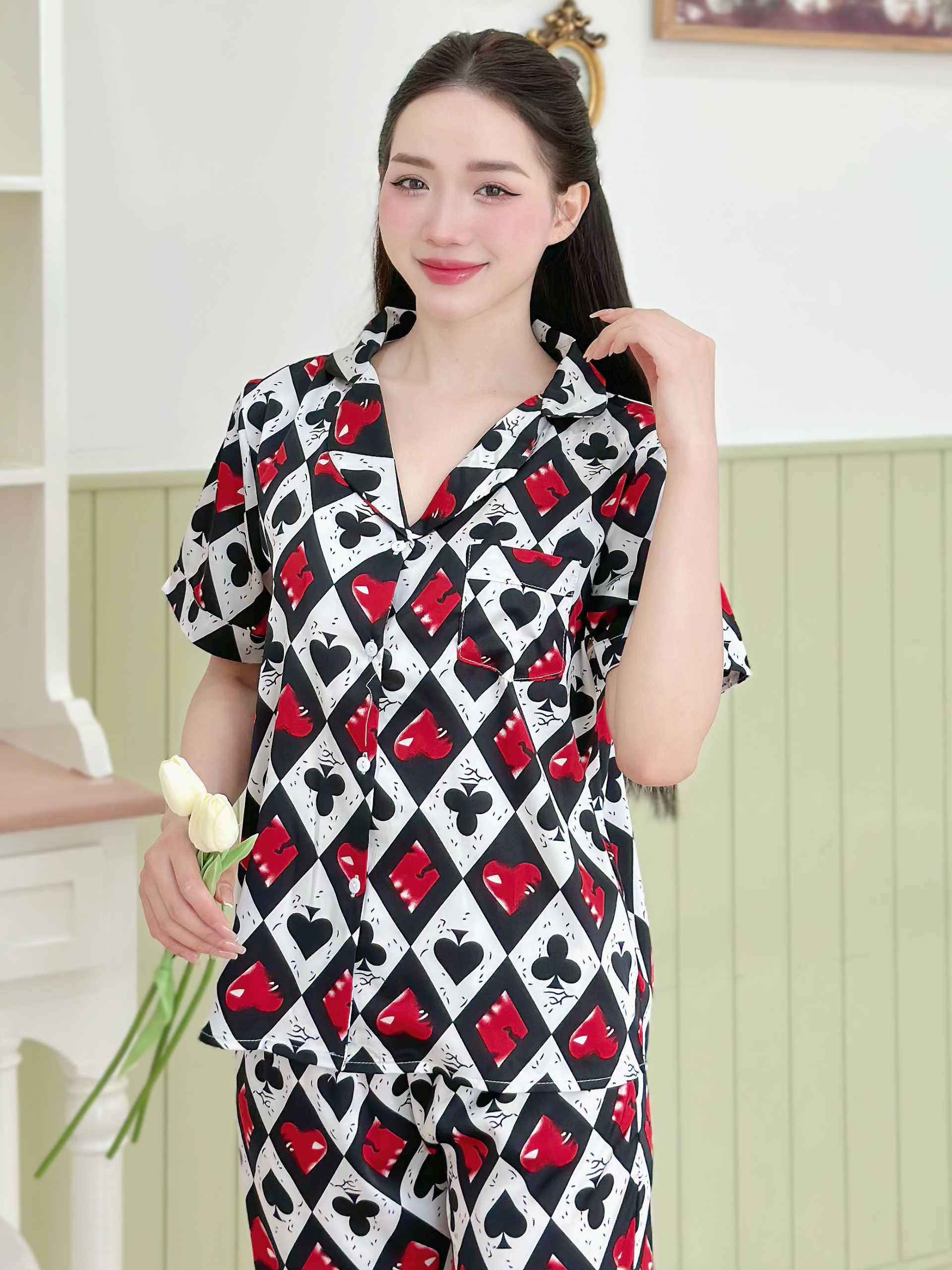 Đồ ngủ lụa latin nữ pijama form rộng Zenme, bộ mặc nhà tay ngắn quần dài thoáng mát , PJD0424