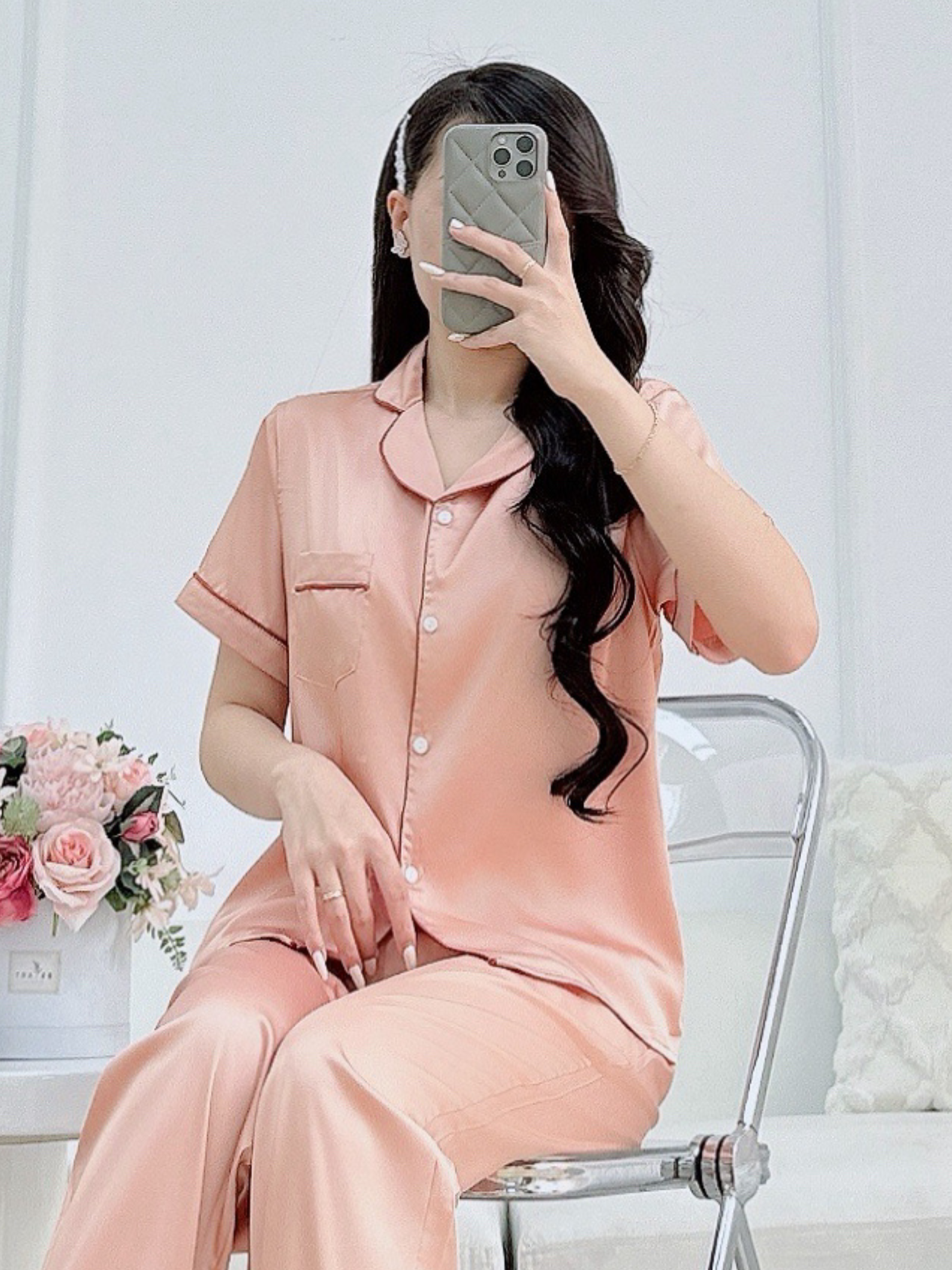 Bộ Đồ Ngủ Pijama Lụa Latin Cao Cấp ZENME Bộ Mặc Nhà Quần Dài Tay Ngắn Mềm Mịn Thoáng Mát PJD0322- VIỀN ĐỎ