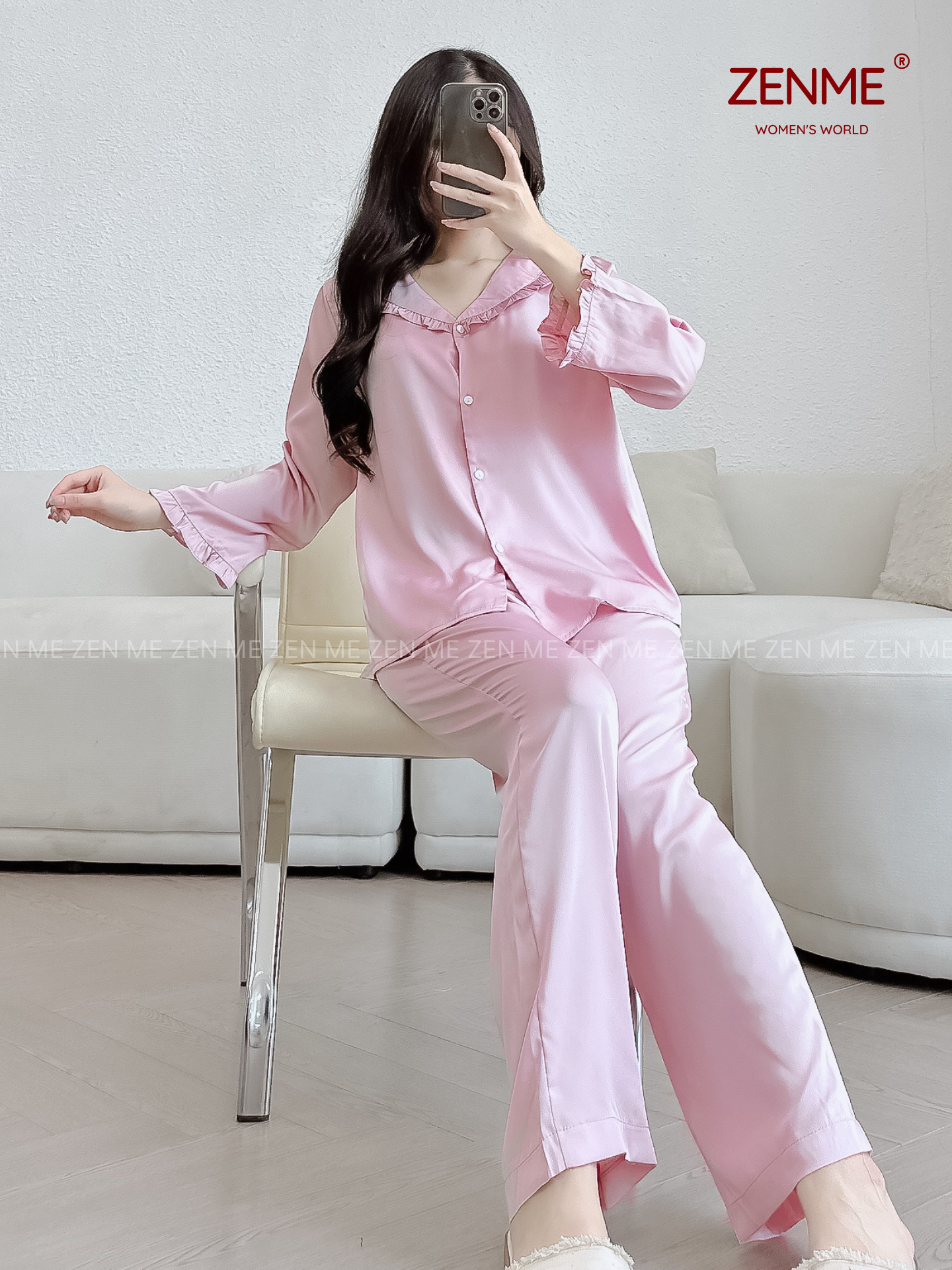 Đồ Ngủ Lụa Latin Cao Cấp Zen Me Thiết Kế Cổ Bèo Dài Tay Quần Dài Áo Babydoll PJB1024