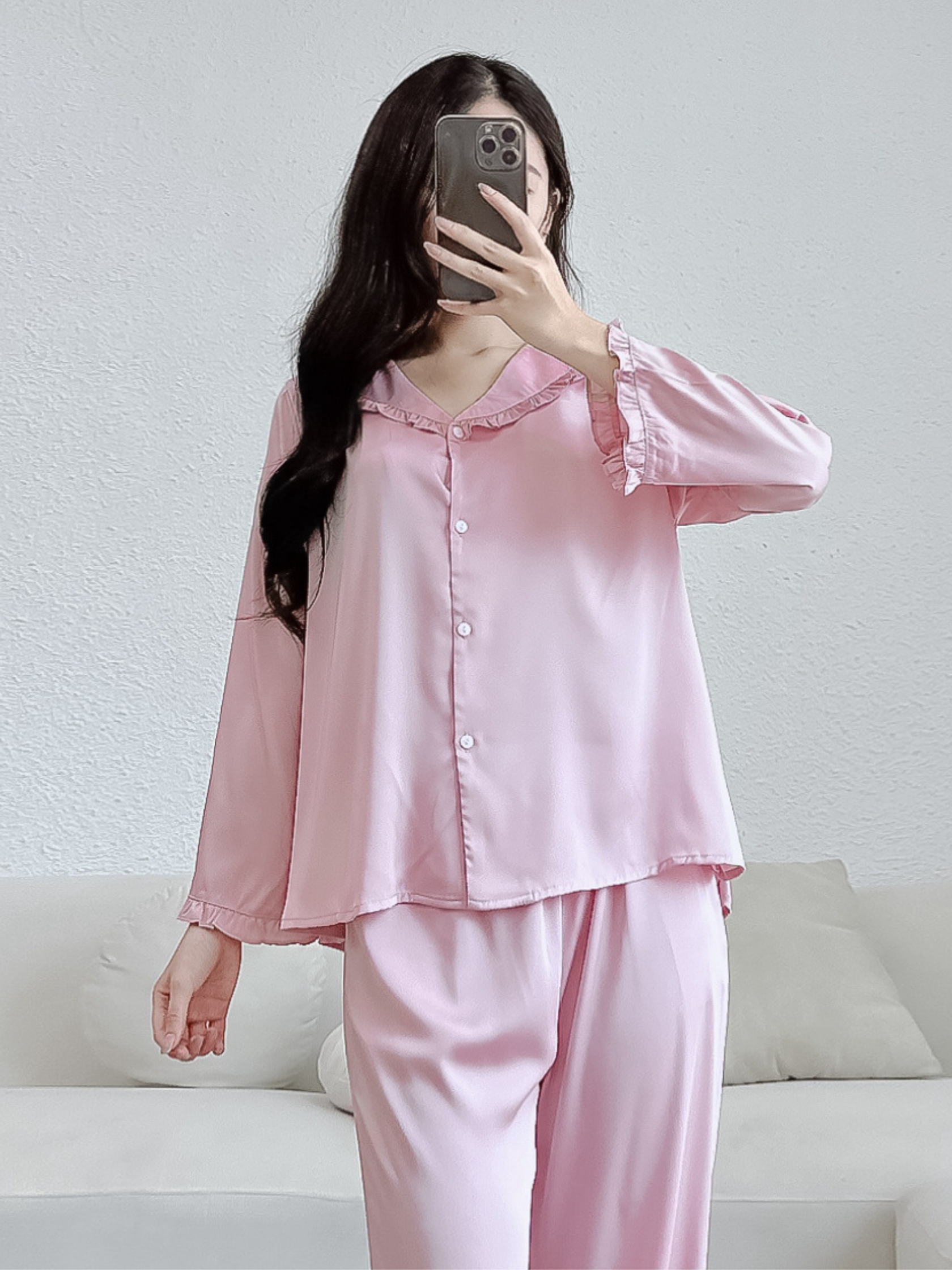 Đồ Ngủ Lụa Latin Cao Cấp Zen Me Thiết Kế Cổ Bèo Dài Tay Quần Dài Áo Babydoll PJB1024