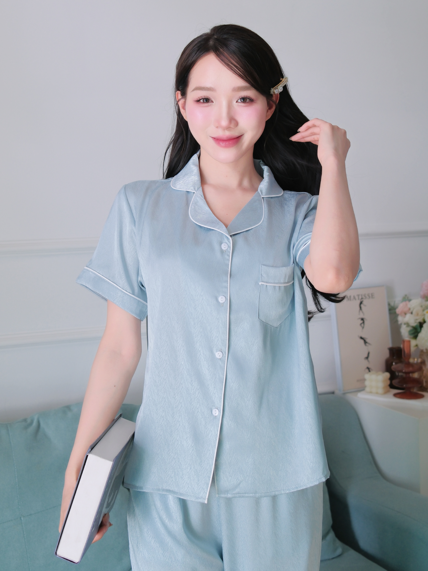 Bộ đồ ngủ Pijama nữ ZENME Tay ngắn Quần Dài Mùa Hè Lụa Vân Gỗ Ánh Kim PJD0225