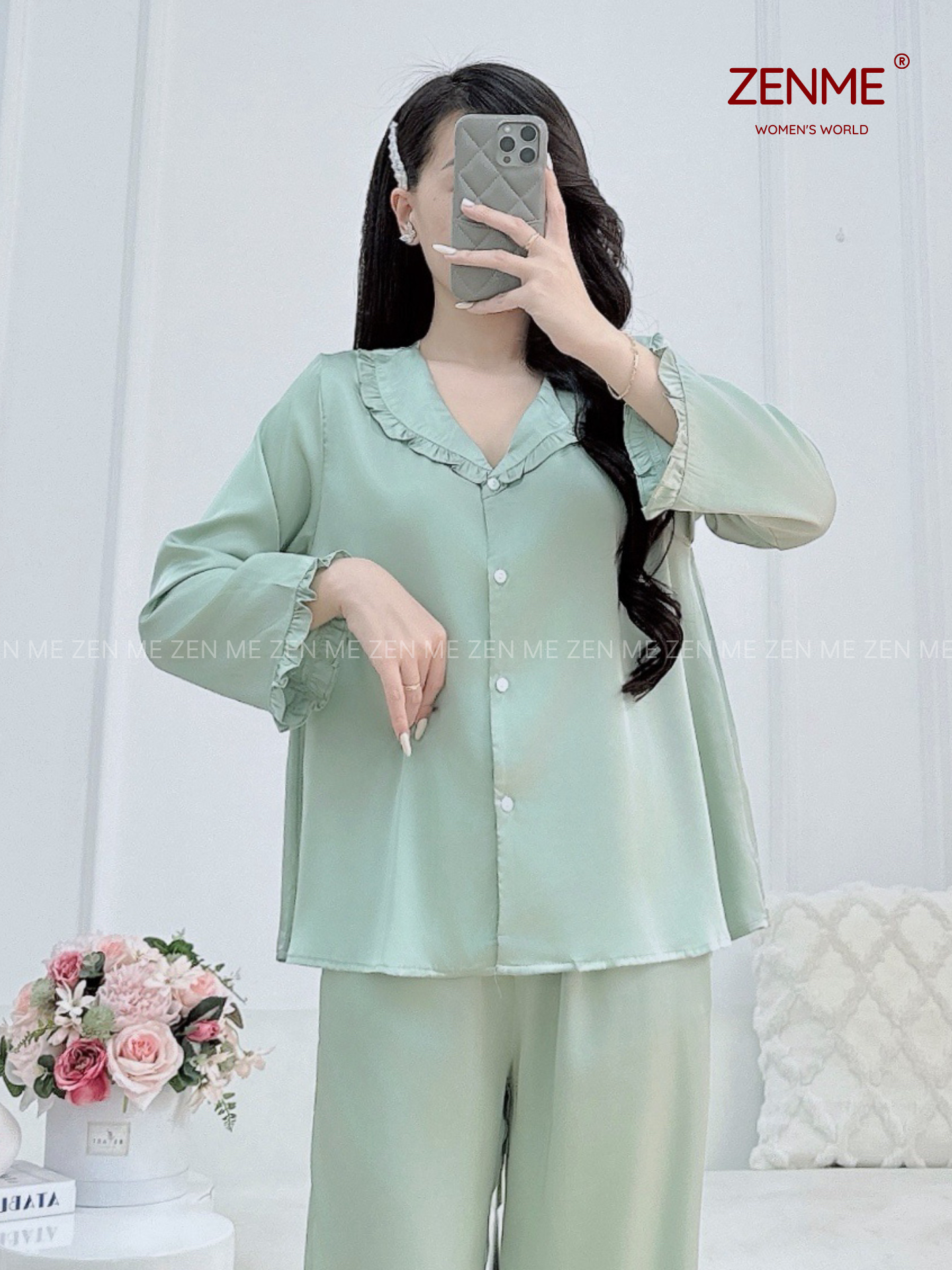Bộ Đồ Ngủ Pijama Babydoll Lụa Latin Cao Cấp Zen Me Thiết Kế Cổ Bèo Dài Tay Quần Dài PJB1024