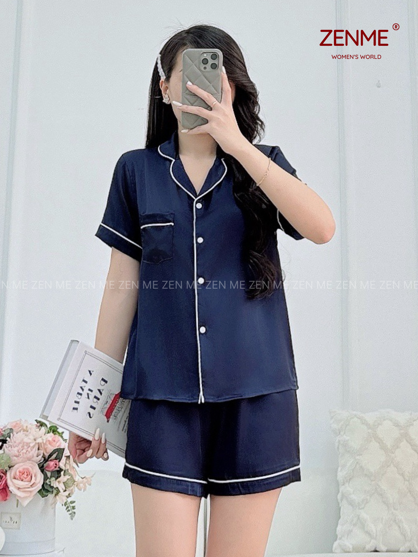 Bộ đồ ngủ nữ Pijama lụa cộc đùi ZENME PJC0223 Xanh Than, Hồng Rose chất liệu cao cấp mặc nhà mát mẻ