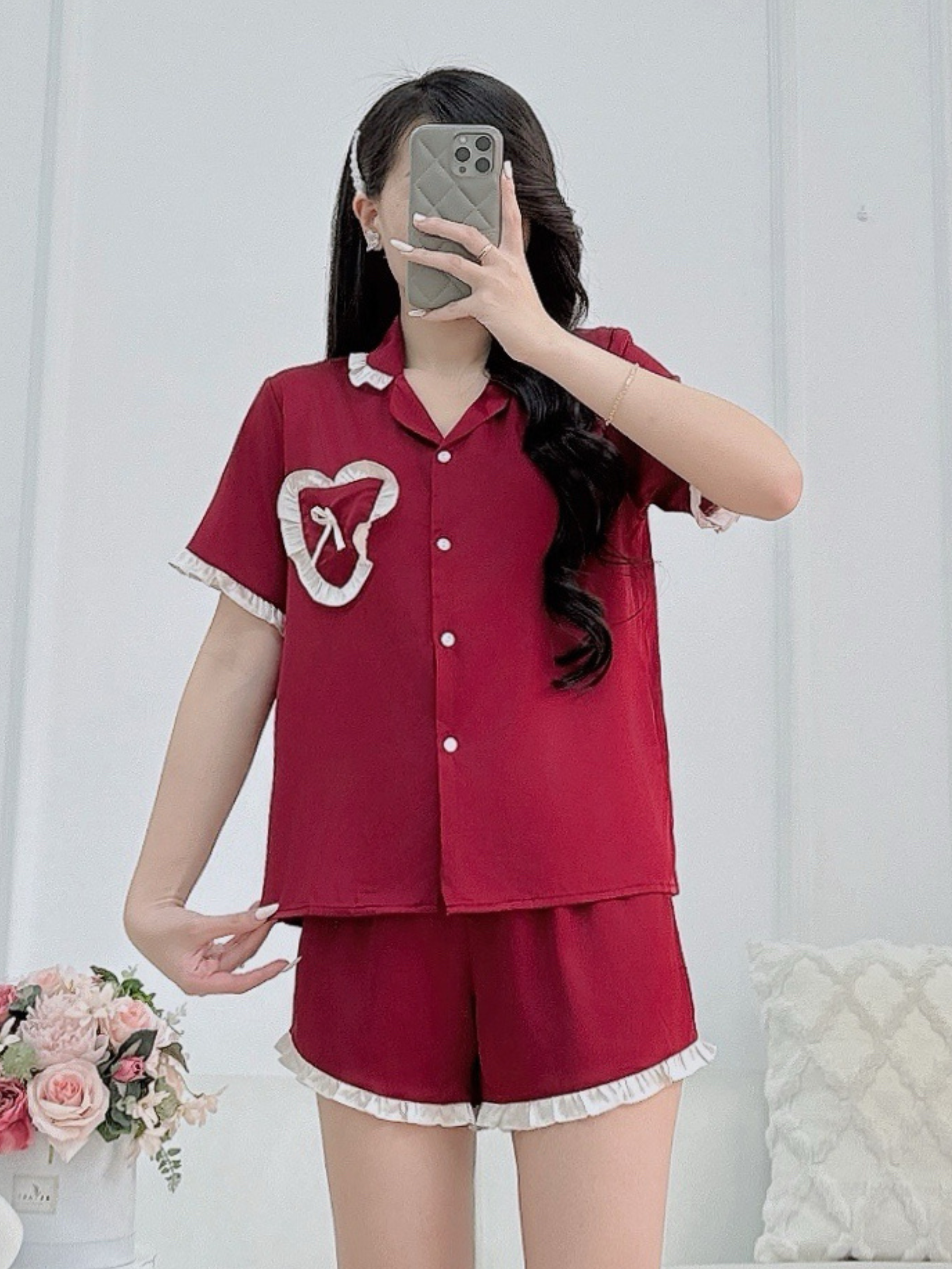 Đồ ngủ Nữ ZENME áo ngắn quần đùi thiết kế bèo túi tim dễ thương PJB0625