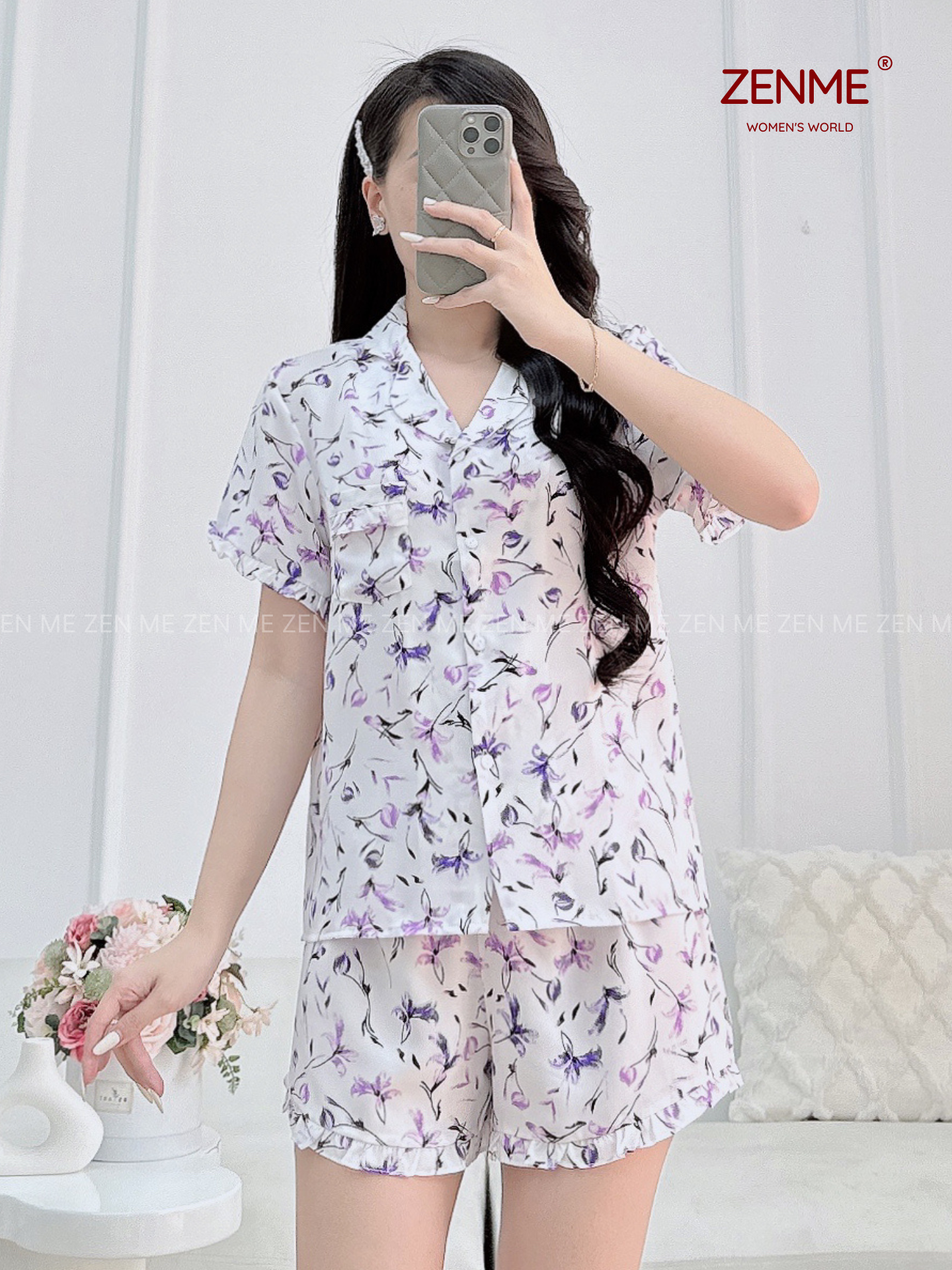 Bộ đồ mặc nhà pijama ZENME phối bèo lụa mango họa tiết hoa lá PBH0525