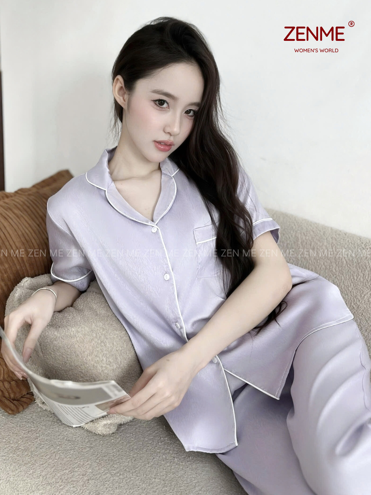 Bộ đồ ngủ Pijama nữ ZENME Tay ngắn Quần Dài Mùa Hè Lụa Vân Gỗ Ánh Kim Tím Cộc Dài PJD0225