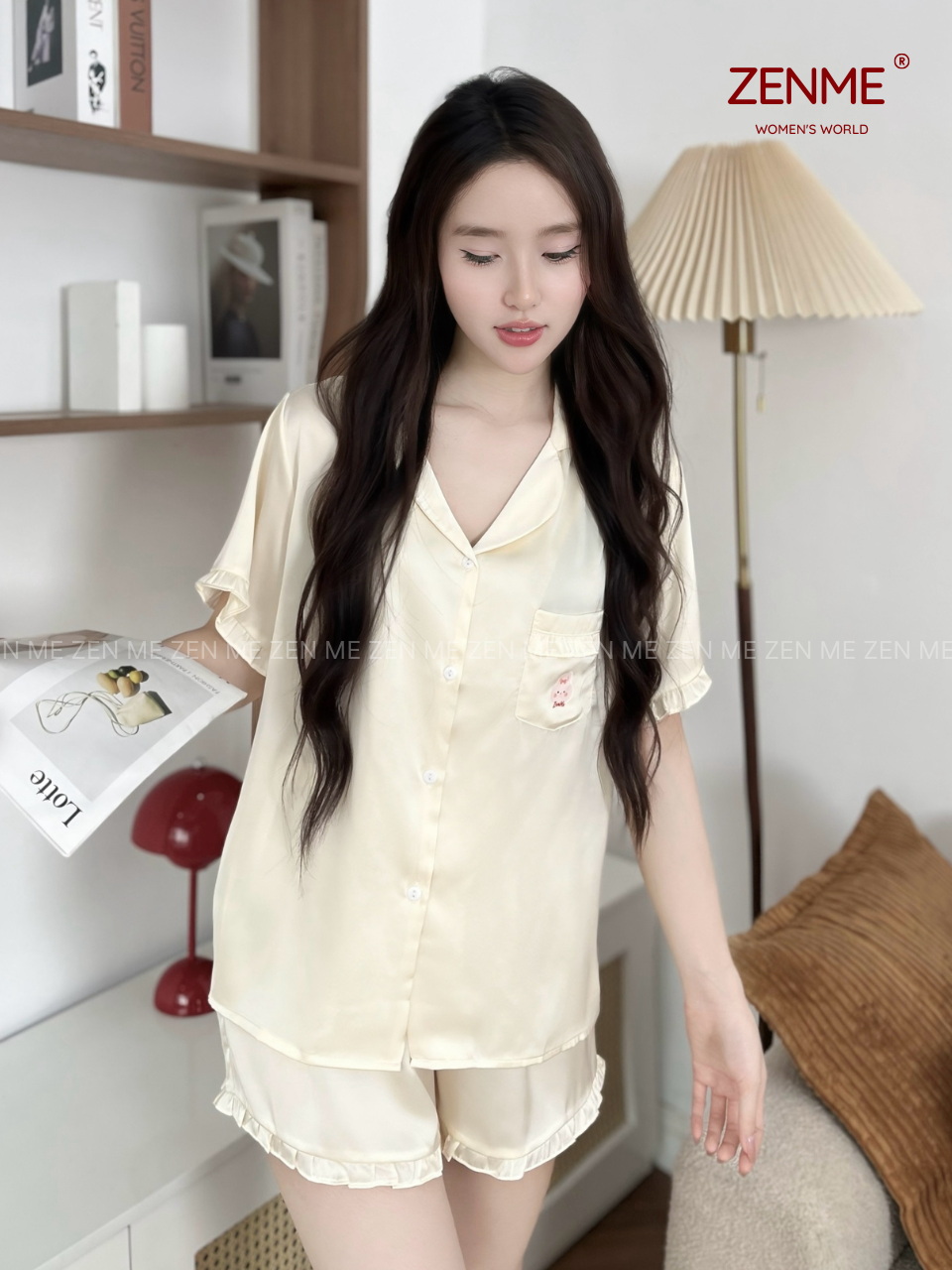 Bộ Ngủ Pijama Viền Bèo Lụa Cao Cấp ZENME Bộ Mặc Nhà Nữ Lụa Latin Kem Bèo Form Rộng  PJVB0524