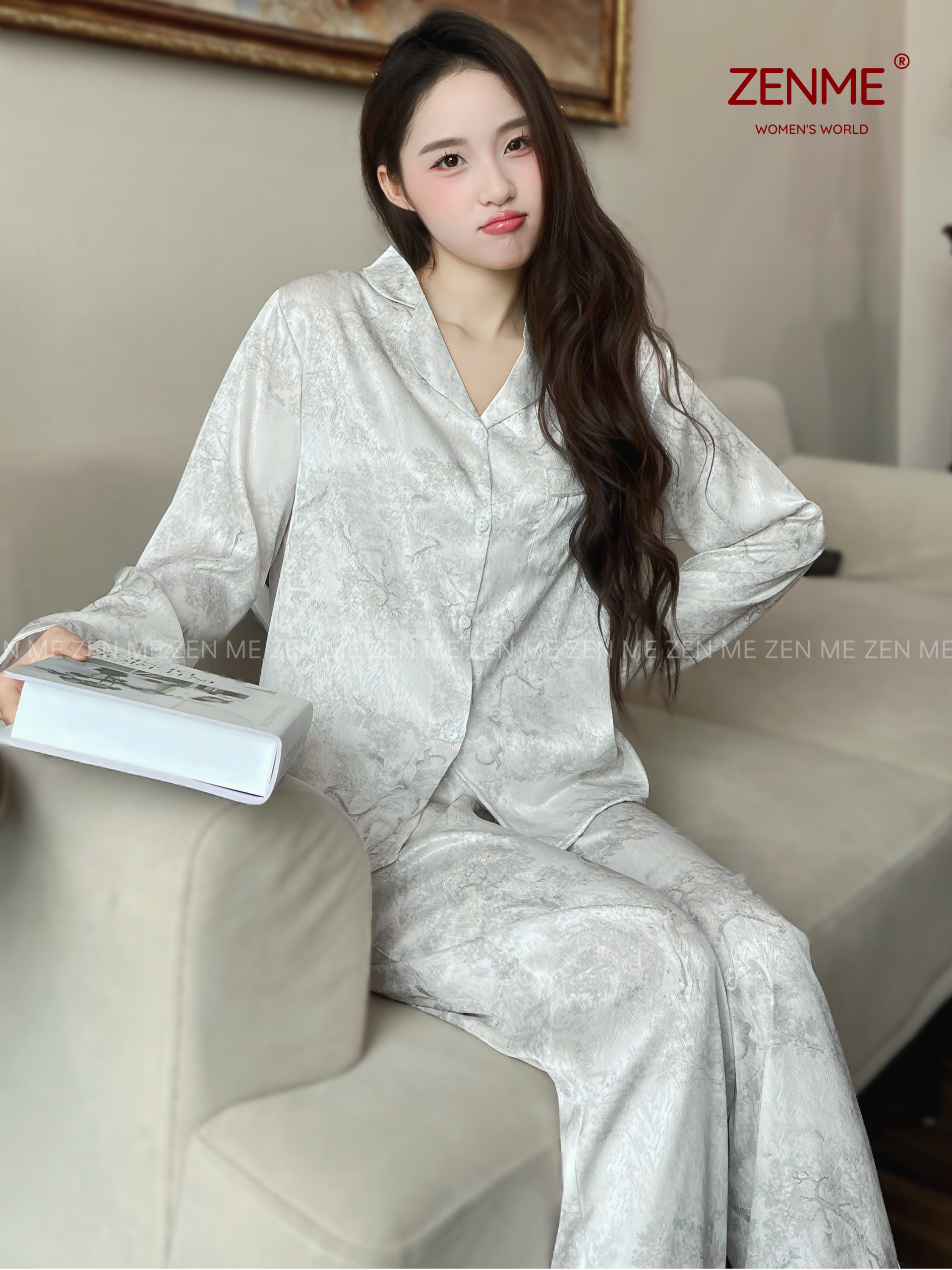 Bộ Ngủ Pijama ZENME Thu Đông Dài Tay Lụa Vân gỗ cao cấp, họa tiết trẻ trung PJDD1025