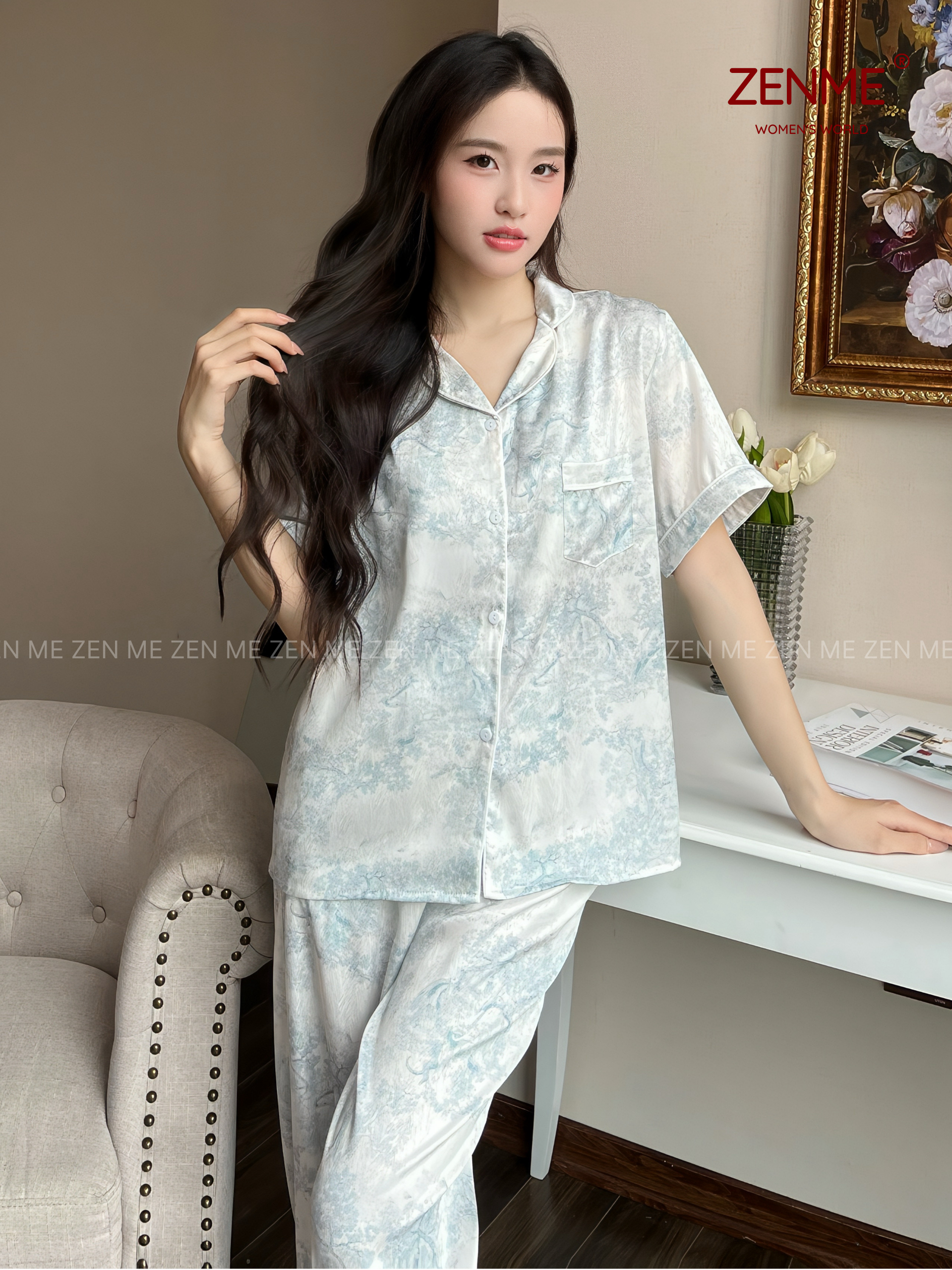 Bộ Ngủ Pijama ZENME Tay Ngắn Quần Dài Lụa Vân Gỗ Cao Cấp Họa Tiết Sang Chảnh PJD1025