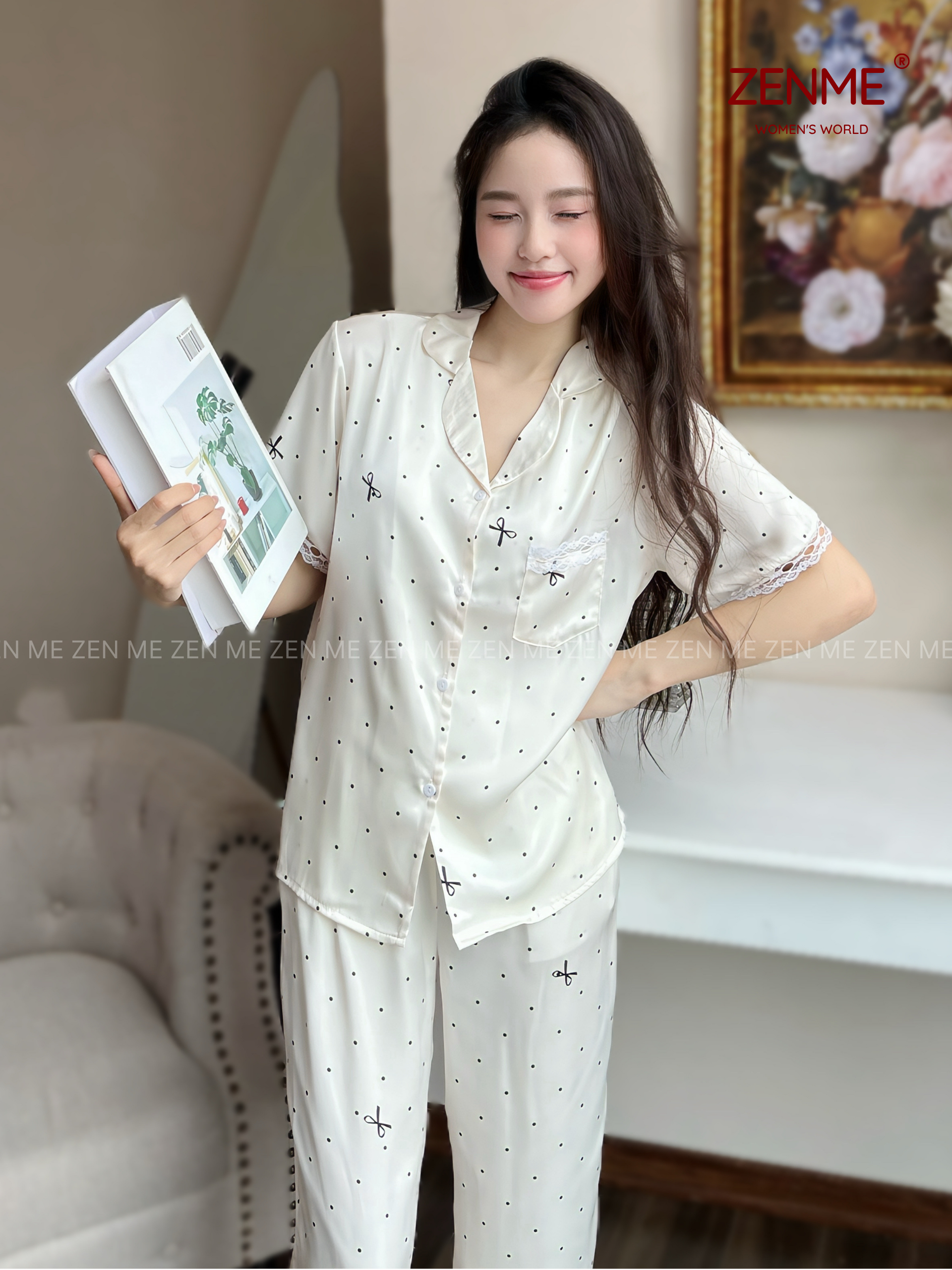 Bộ ngủ lụa latin nữ pijama form rộng Zenme tay ngắn quần phối viền ren xinh xắn PJDR0825