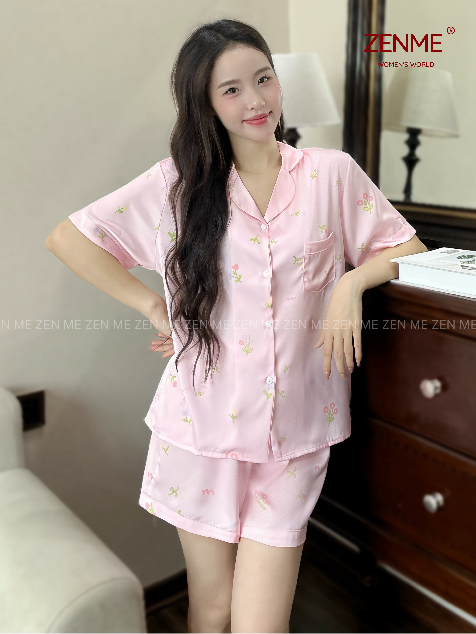Bộ Đồ Ngủ Pijama Lụa Nữ Zen Me Chất Latin Cộc Đùi Mềm Mát Họa Tiết PJC0825